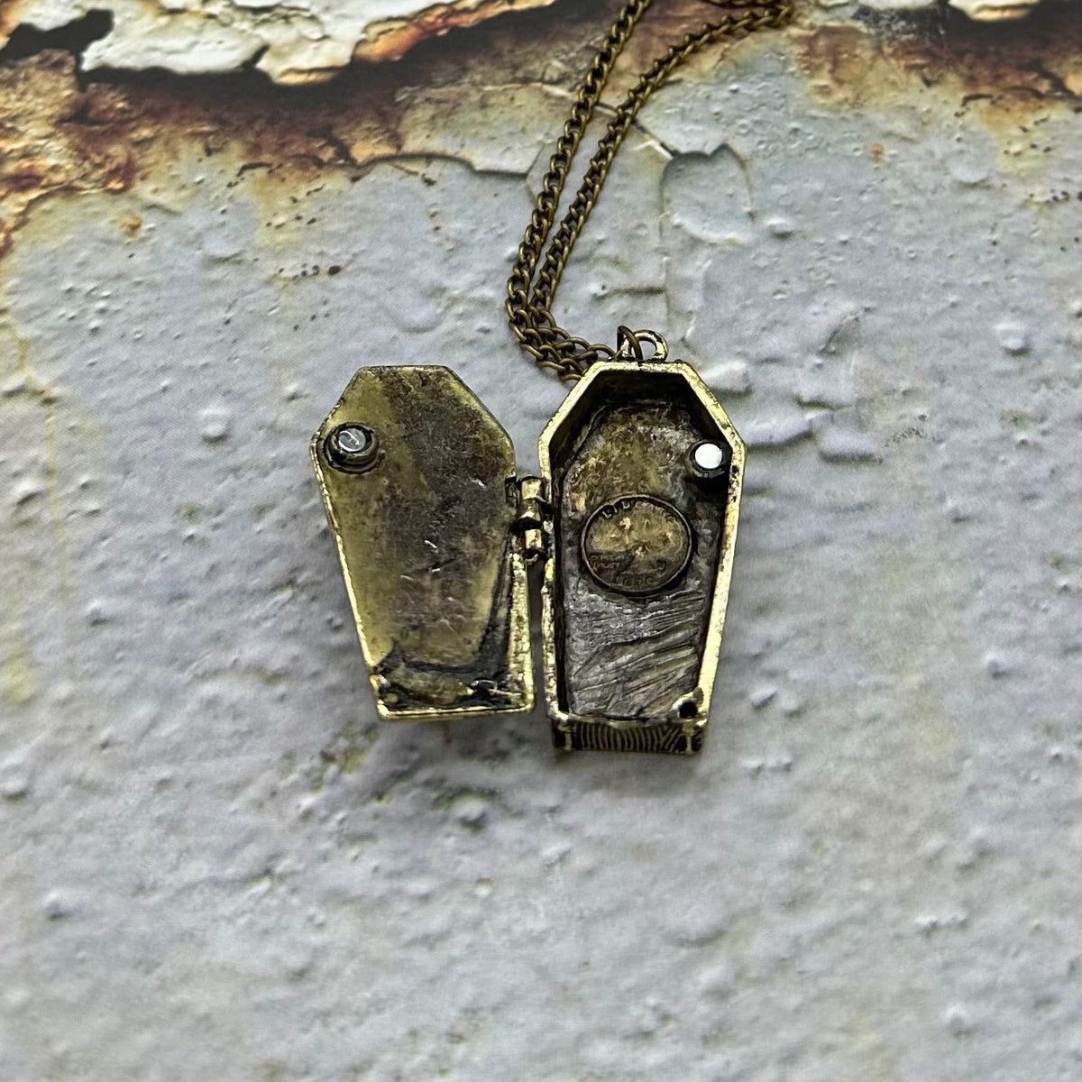 Antique Bronze Opening Vampire Coffin Necklace
