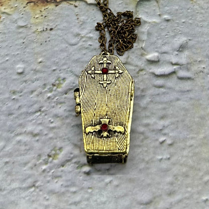 Antique Bronze Opening Vampire Coffin Necklace