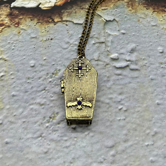 Antique Bronze Opening Vampire Coffin Necklace